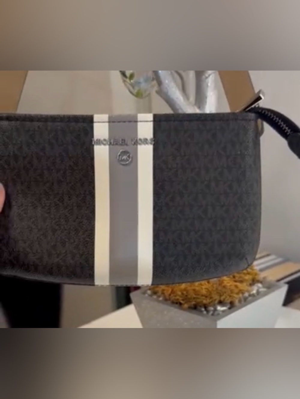 Michael Kors Unisex Black Crossbody Belt Bag with Grey Stripe
